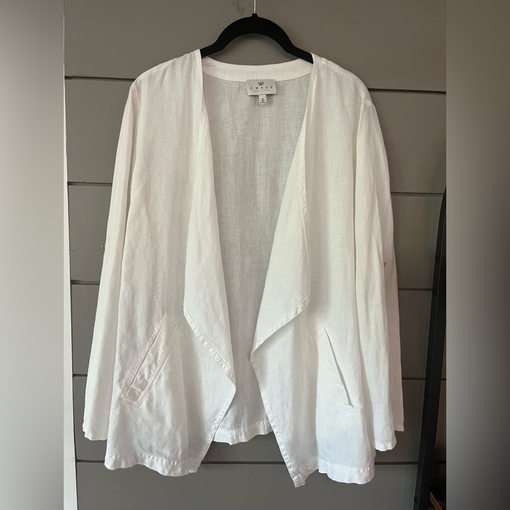 Chaus New York white open front 100% linen cardigan lightweight jacket sz S EUC